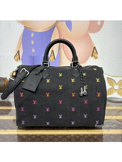 Louis Vuitton Black Woven-Look Twin Handle Bag with Multicolor LV Motifs