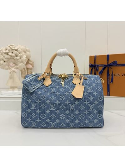 Louis Vuitton Speedy Soft 30 Blue Denim-Look Monogram Rounded Top Handle Bag M14430
