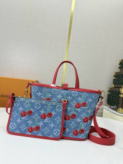 Louis Vuitton Blue Monogram Cherry Tote with Red Trim