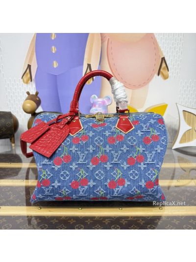 Louis Vuitton Blue Monogram Cherry Zip Bag with Red Trim