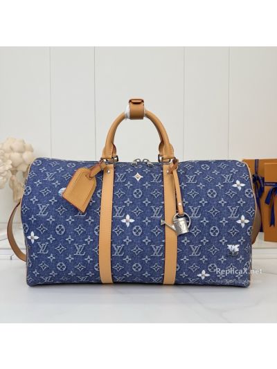 Louis Vuitton Blue Monogram Duffle Bag with Tan Bands
