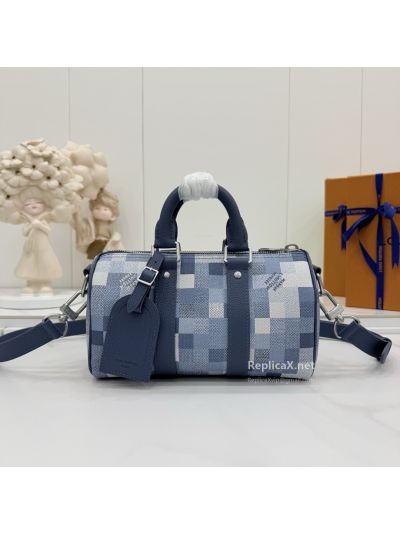 Louis Vuitton Keepall Bandoulière 25 Blue Pixel Check Twin Handle Zip Bag M28600