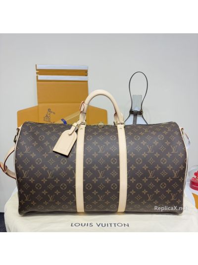 Louis Vuitton Keepall Bandoulière 55 Brown Monogram Duffle Bag with Pale Tan Trim M41414