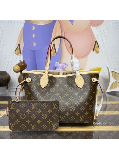 Louis Vuitton Brown Monogram Shoulder Tote with Beige Striped Lining