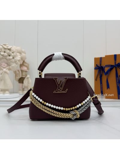 Louis Vuitton Burgundy Top Handle Bag with Beaded Chain Detail
