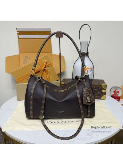 Louis Vuitton Dark Brown Zip Shoulder Bag with Monogram Trim Premium