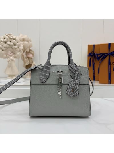 Louis Vuitton Gray Top Handle Bag with Reptile-Pattern Trim