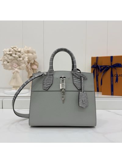 Louis Vuitton Gray Wide Top Handle Bag with Reptile-Pattern Trim