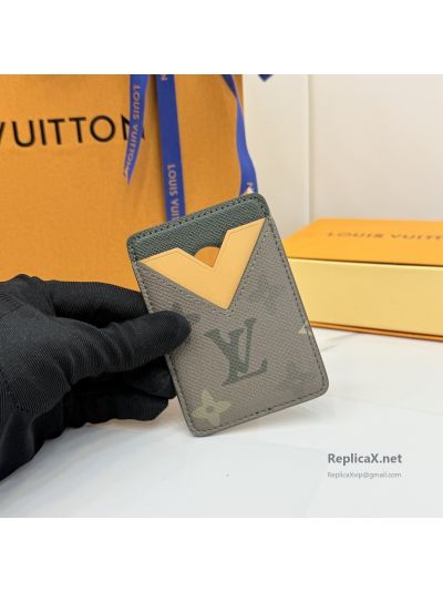 Louis Vuitton Grey and Green Monogram Card Holder with Yellow Detail