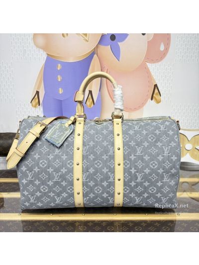 Louis Vuitton Grey Monogram Duffle Bag with Tan Studded Trim
