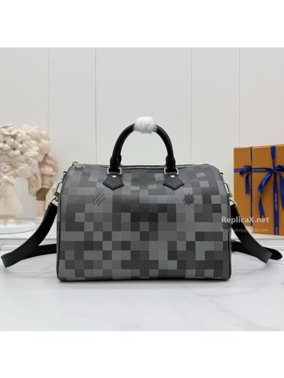 Louis Vuitton Speedy Bandoulière 30 Grey Pixel Check Barrel Zip Bag M28977