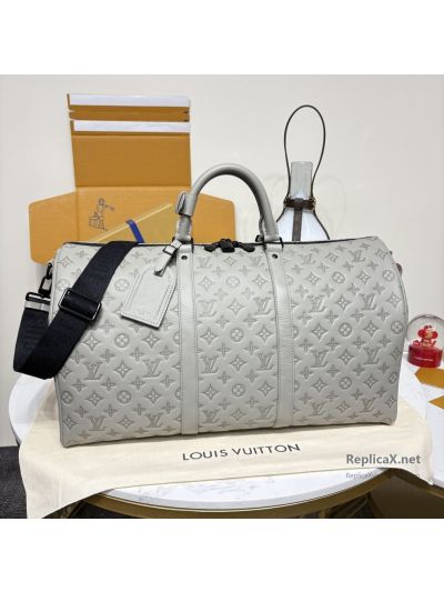 Louis Vuitton Keepall Bandoulière 50 Light Grey Monogram Duffle Bag with Black Strap M46117