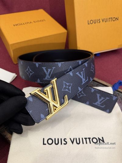 Louis Vuitton Navy Monogram Belt with Gold-Toned LV Buckle