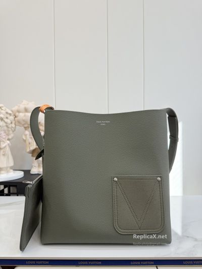 Louis Vuitton Olive Shoulder Tote with Front Patch Pocket Premium