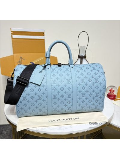 Louis Vuitton Pale Blue Monogram Duffle Bag with Black Strap