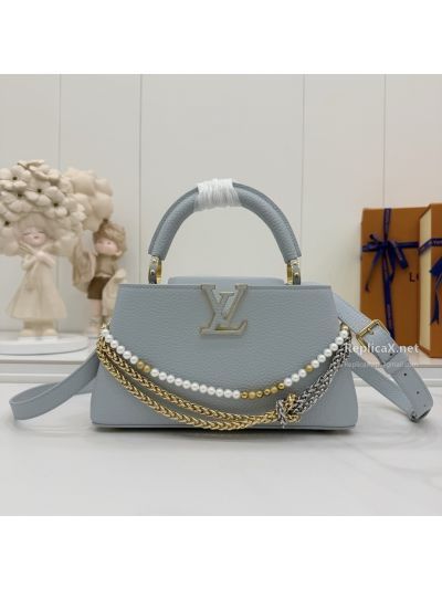 Louis Vuitton Pale Blue Top Handle Bag with Beaded Chain Detail