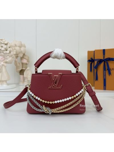 Louis Vuitton Red Top Handle Bag with Beaded Chain Detail