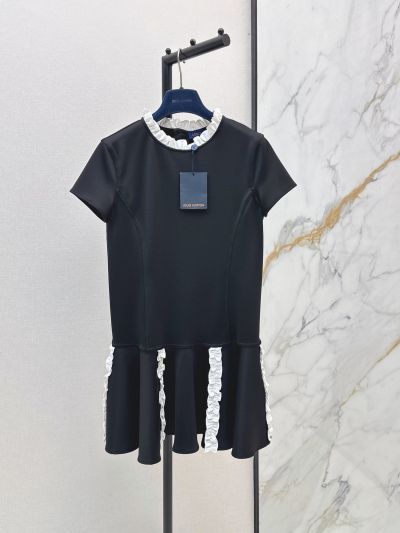 Louis Vuitton Short Sleeve Contrast-Trim Dress in Black HQ620019