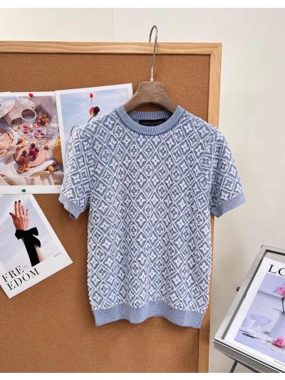 Louis Vuitton Short Sleeve Jacquard Knit Top in Light Blue and White