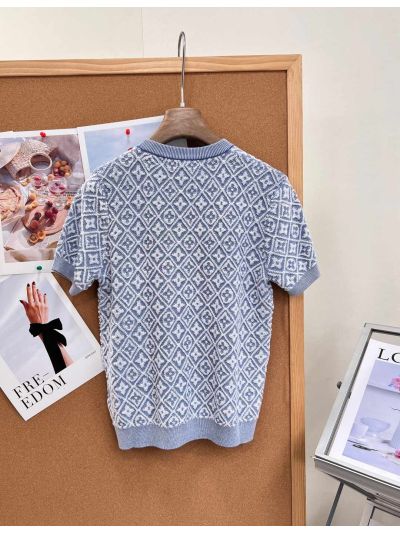 Louis Vuitton Short Sleeve Jacquard Knit Top in Light Blue and White