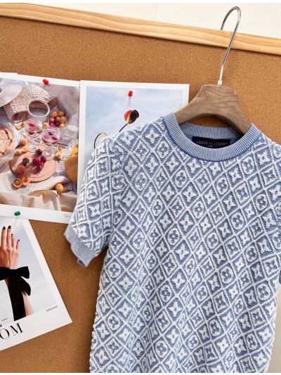 Louis Vuitton Short Sleeve Jacquard Knit Top in Light Blue and White