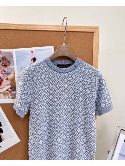 Louis Vuitton Short Sleeve Jacquard Knit Top in Light Blue and White