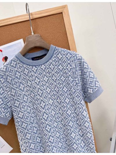 Louis Vuitton Short Sleeve Jacquard Knit Top in Light Blue and White