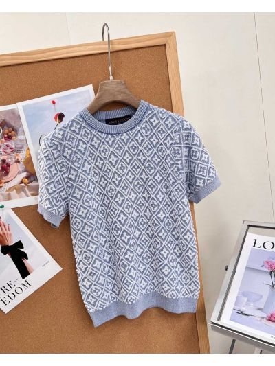 Louis Vuitton Short Sleeve Jacquard Knit Top in Light Blue and White