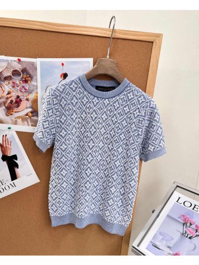 Louis Vuitton Short Sleeve Jacquard Knit Top in Light Blue and White