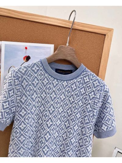 Louis Vuitton Short Sleeve Jacquard Knit Top in Light Blue and White