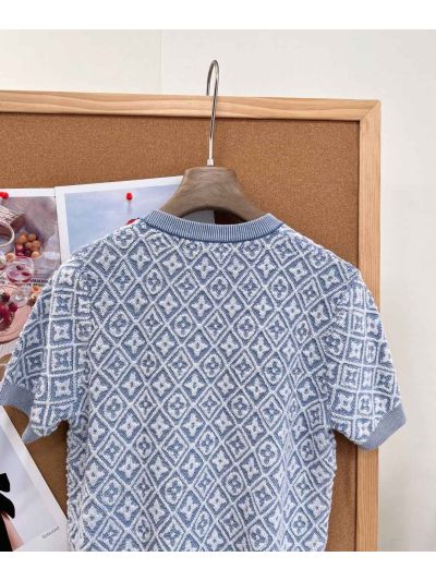 Louis Vuitton Short Sleeve Jacquard Knit Top in Light Blue and White