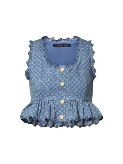 Louis Vuitton Sleeveless Button-Front Top in Blue and White