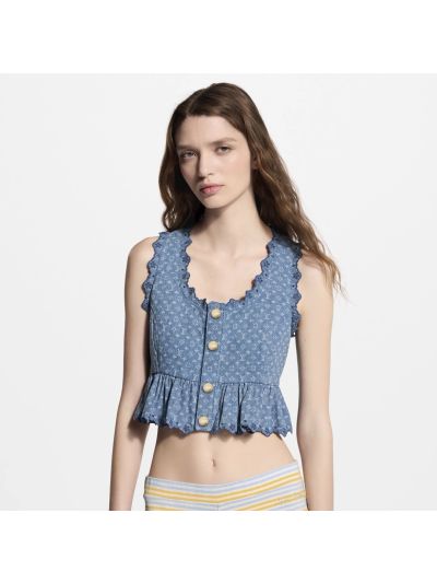 Louis Vuitton Sleeveless Button-Front Top in Blue and White