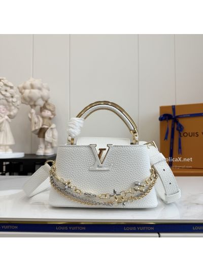 Louis Vuitton White Rounded Bag with Metallic Handle and Chain