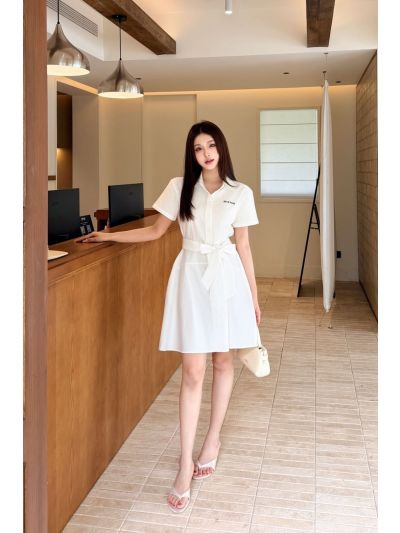 Miu Miu Belted Button-Front Dress in White