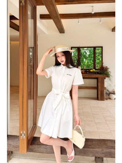 Miu Miu Belted Button-Front Dress in White