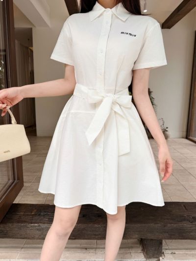 Miu Miu Belted Button-Front Dress in White