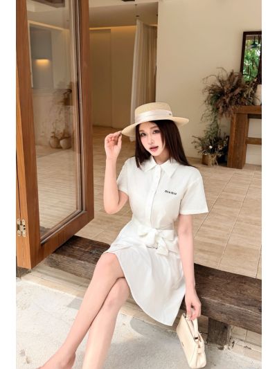 Miu Miu Belted Button-Front Dress in White