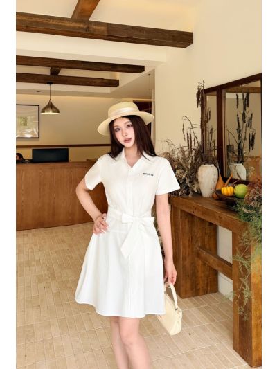 Miu Miu Belted Button-Front Dress in White