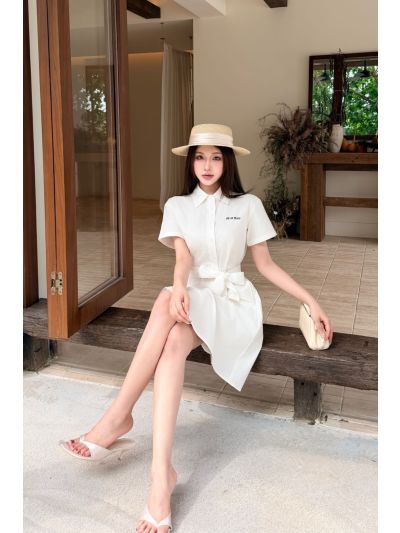 Miu Miu Belted Button-Front Dress in White