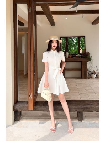 Miu Miu Belted Button-Front Dress in White