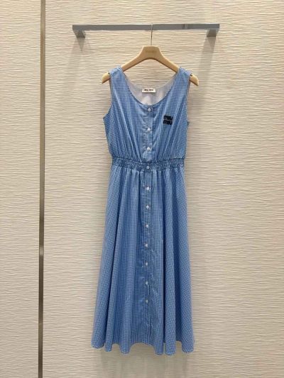Miu Miu Button-Front Pleated Dress in Blue and White