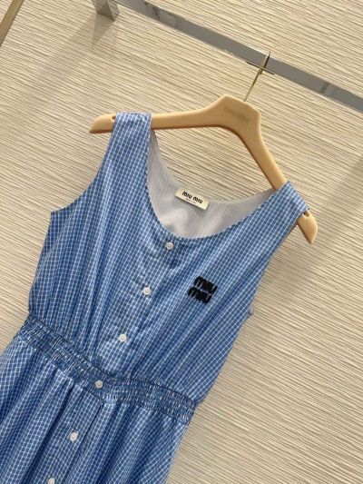 Miu Miu Button-Front Pleated Dress in Blue and White