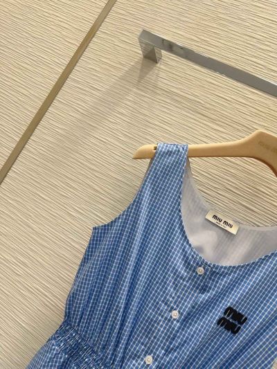 Miu Miu Button-Front Pleated Dress in Blue and White