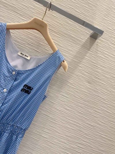 Miu Miu Button-Front Pleated Dress in Blue and White