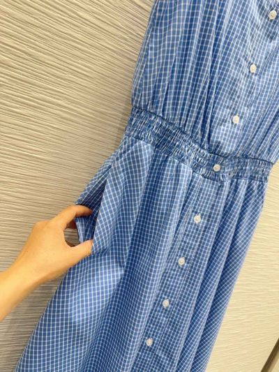Miu Miu Button-Front Pleated Dress in Blue and White