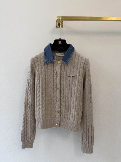 Miu Miu Cashmere Contrast-Trim Cardigan in Beige