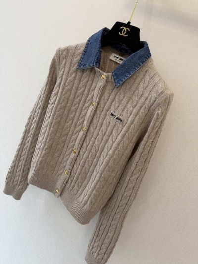 Miu Miu Cashmere Contrast-Trim Cardigan in Beige
