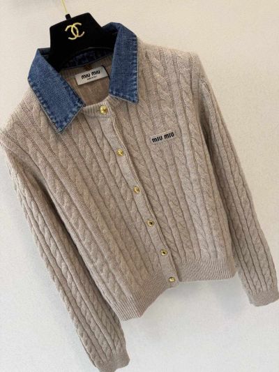 Miu Miu Cashmere Contrast-Trim Cardigan in Beige