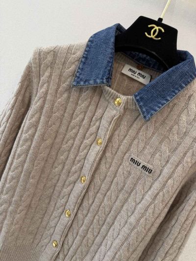 Miu Miu Cashmere Contrast-Trim Cardigan in Beige